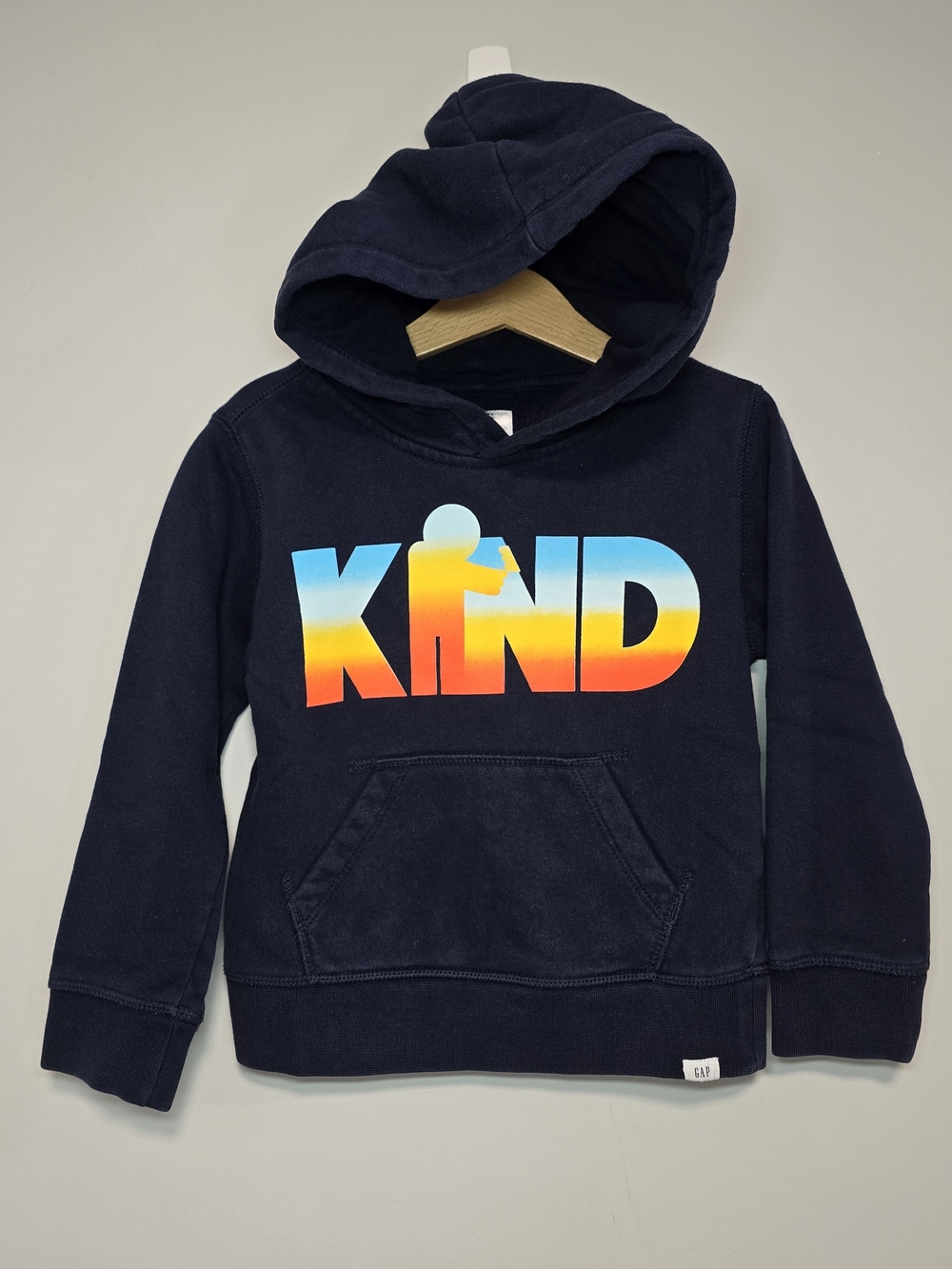 GAP Navy Lined Hoodie with Multicolor 'KIND' Graphic Size 5